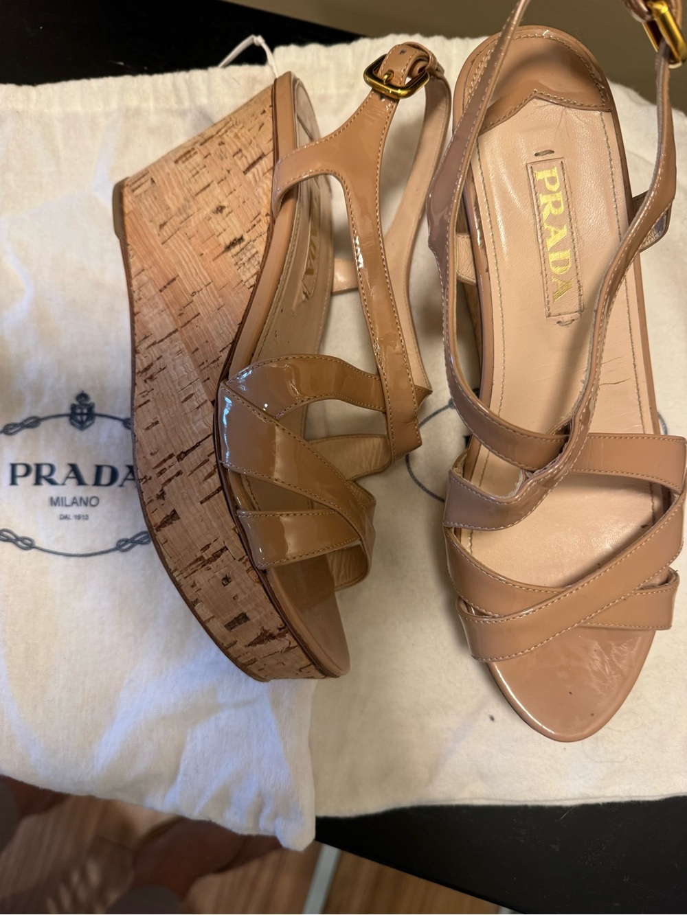 Prada Nude Patent Leather Cork Wedge Sandals